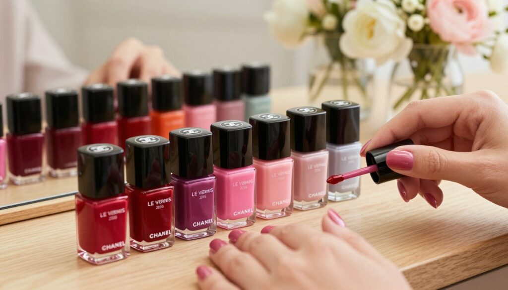 A-refined-display-of-Chanel-Le-Vernis-nail-polish-bottles-in-an-elegant-setting-showcasing-a-1024x585 Manucure été 2026 : Les couleurs et finitions incontournables pour un nail art parfait