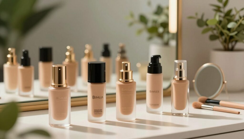 A-beautifully-arranged-display-focusing-on-a-selection-of-mature-skin-foundation-products.-In-1024x585 Trouvons ensemble le fond de teint peau mature idéal