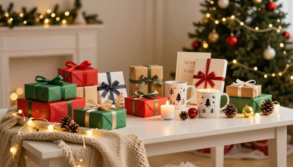 A-beautifully-arranged-table-showcasing-a-variety-of-Secret-Santa-gifts-including-colorful-1024x585 Comment trouver le cadeau secret santa parfait ensemble