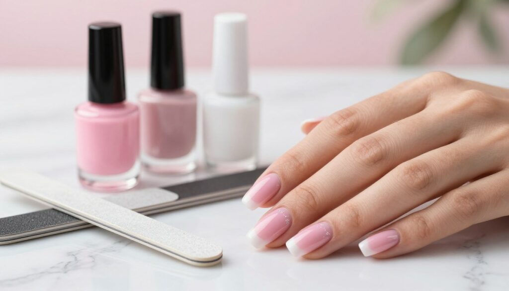 A-beautifully-manicured-hand-showcasing-a-baby-boomer-nail-design-featuring-a-gradient-from--1024x585 Comment faire un ongle baby boomer étape par étape
