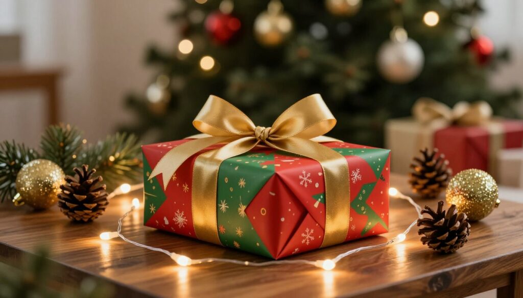 A-beautifully-wrapped-Secret-Santa-gift-is-elegantly-presented-on-a-polished-wooden-table.-The--1024x585 Comment trouver le cadeau secret santa parfait ensemble