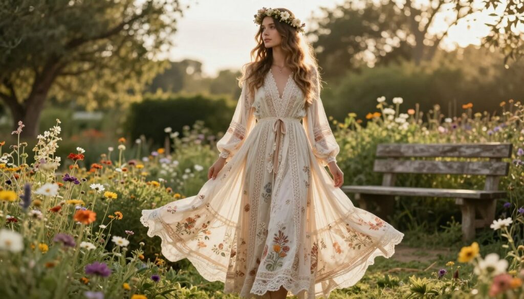A-bohemian-long-dress-elegantly-draped-on-a-model-standing-in-a-sunlit-outdoor-garden-setting-1024x585 Nos astuces pour adopter la robe longue bohème au quotidien
