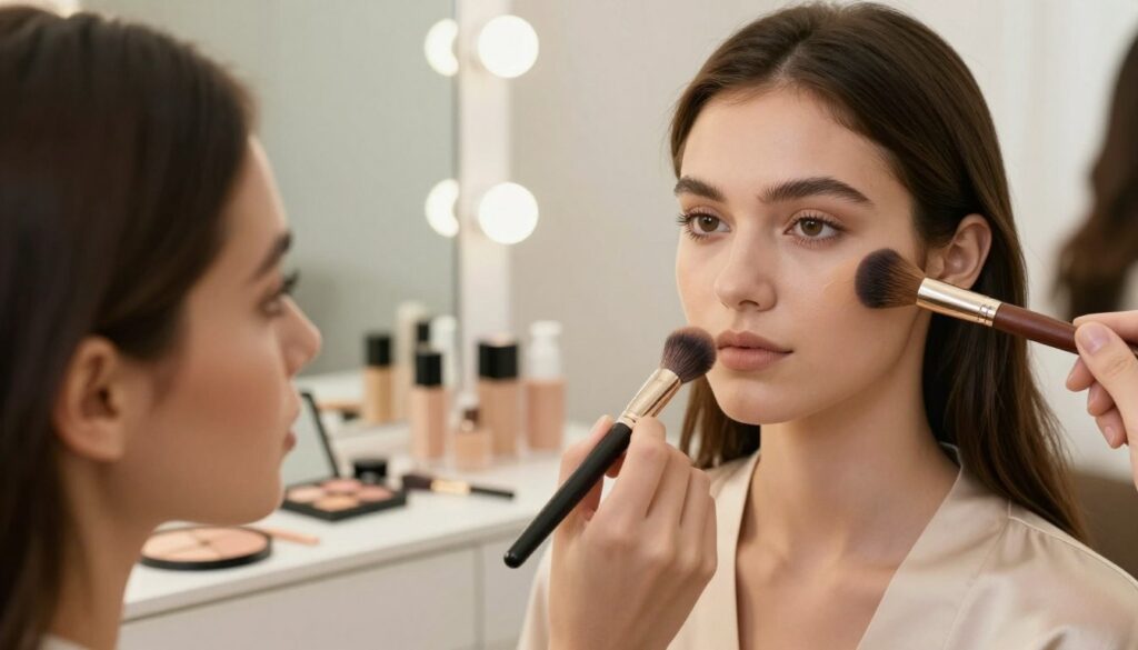 A-close-up-image-of-a-makeup-artist-applying-long-lasting-foundation-to-a-modelaposs-face-1024x585 Notre guide pour un fond de teint couvrant réussi