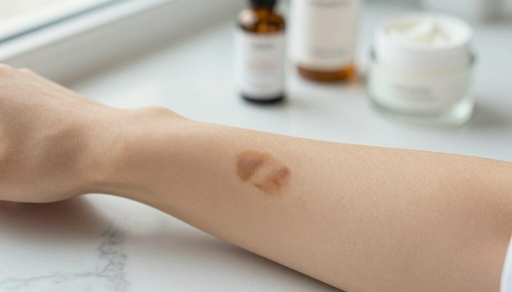 A-close-up-image-of-human-skin-showing-a-prominent-tache-pigmentaire-or-brown-spot-located--1024x585 Tache marron sur la peau : Nos conseils pour l’éliminer