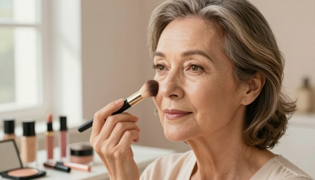 A-close-up-of-a-mature-woman-applying-natural-makeup-showcasing-her-confidence-and-grace.-She--1024x585 Trouvons ensemble le fond de teint peau mature idéal
