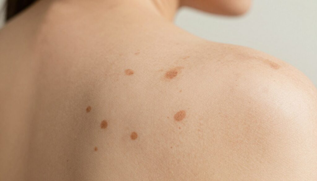 A-close-up-of-human-skin-displaying-hyperpigmentation-showcasing-multiple-brown-spots-on-a-1024x585 Tache marron sur la peau : Nos conseils pour l’éliminer