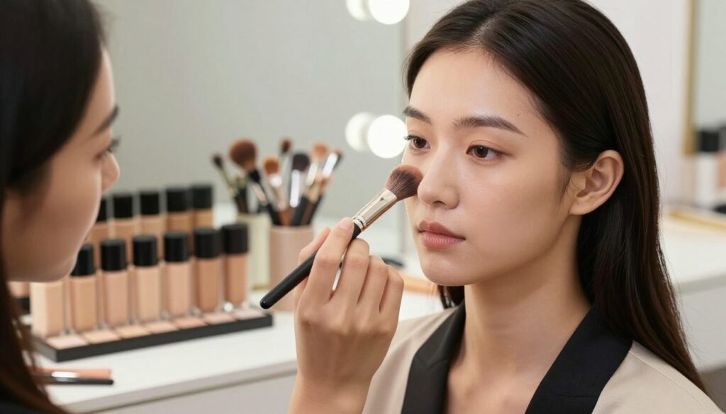 A-close-up-view-of-a-makeup-artist-expertly-applying-full-coverage-foundation-on-a-modelaposs-1024x585 Notre guide pour un fond de teint couvrant réussi