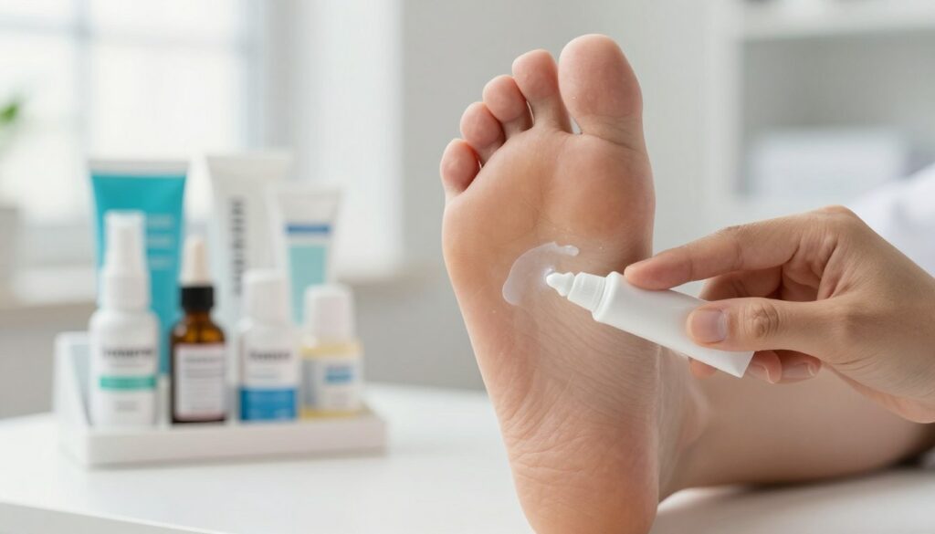 A-close-up-view-of-a-pair-of-feet-with-a-focus-on-the-toes-showcasing-an-antifungal-cream-1024x585 Nos conseils pour éliminer la mycose entre les orteils