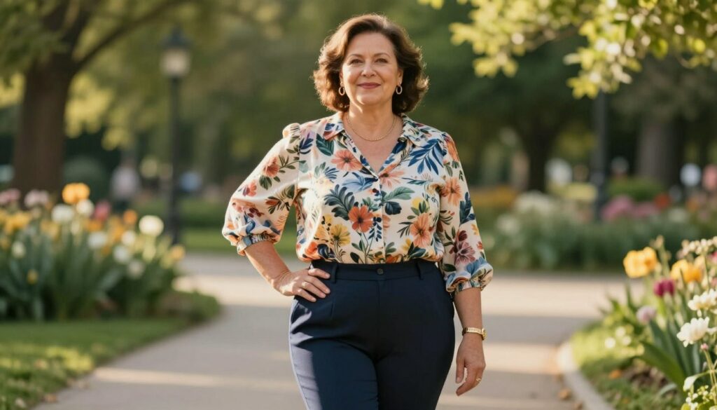 A-confident-plus-size-woman-in-her-60s-stands-elegantly-in-a-sunlit-park-showcasing-a-stylish--1024x585 Look femme 60 ans ronde : Nos avis pour sublimer votre style