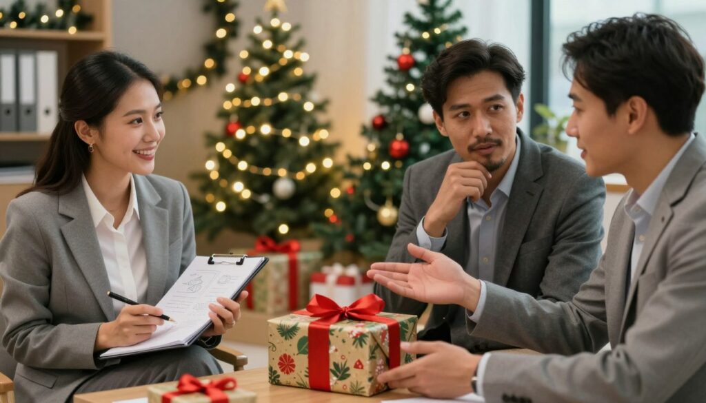 A-cozy-festive-setting-for-a-Secret-Santa-gift-exchange-featuring-a-diverse-group-of-three-1024x585 Comment trouver le cadeau secret santa parfait ensemble