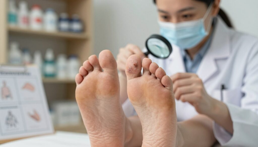 A-detailed-medical-scene-focusing-on-the-diagnosis-of-toe-fungus.-In-the-foreground-a-pair-of--1024x585 Nos conseils pour éliminer la mycose entre les orteils