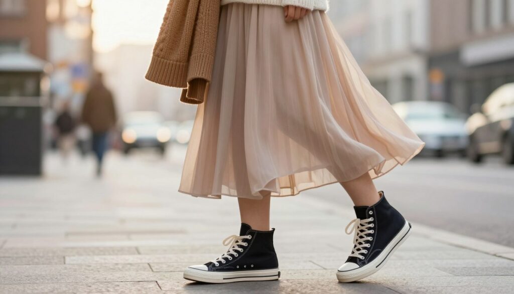 A-fashionable-pair-of-high-top-sneakers-paired-with-a-flowy-long-skirt-in-a-cozy-urban-1024x585 Quelles chaussures avec une jupe longue en hiver à choisir
