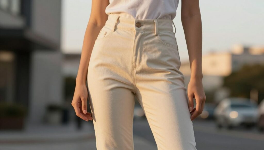 A-fashionable-young-woman-wearing-lightweight-cotton-poplin-trousers-showcasing-a-tailored-1024x585 Oubliez le jean blanc : Voici le pantalon ultra-léger que toutes les filles stylées portent