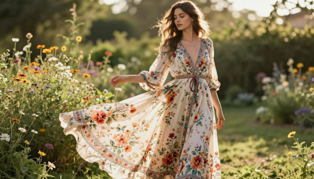 A-flowing-long-bohemian-dress-adorned-with-vibrant-floral-patterns-elegantly-draped-on-a-1024x585 Nos astuces pour adopter la robe longue bohème au quotidien
