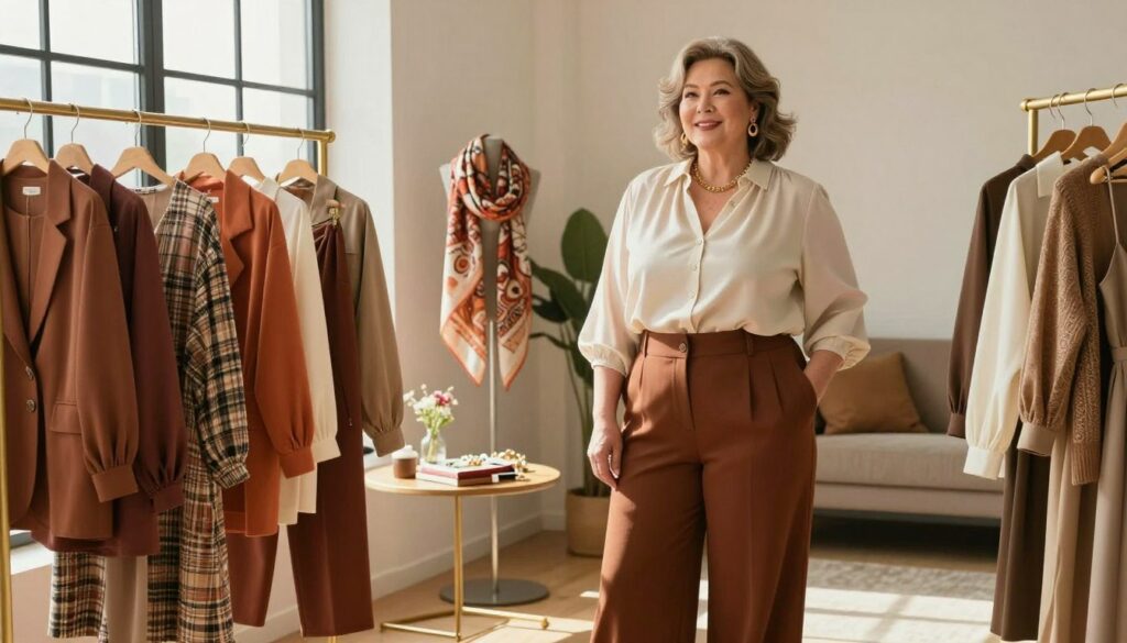A-full-figured-stylish-woman-in-her-60s-stands-confidently-in-a-bright-modern-wardrobe-filled-1024x585 Look femme 60 ans ronde : Nos avis pour sublimer votre style