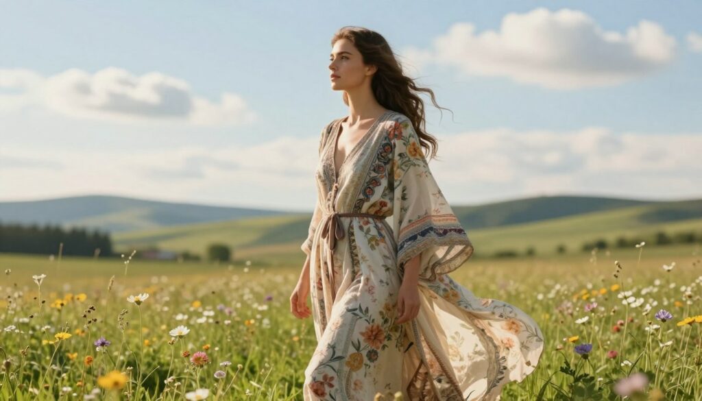 A-graceful-woman-in-a-flowing-bohemian-style-long-robe-stands-in-a-sunlit-meadow-filled-with-1024x585 Nos astuces pour adopter la robe longue bohème au quotidien