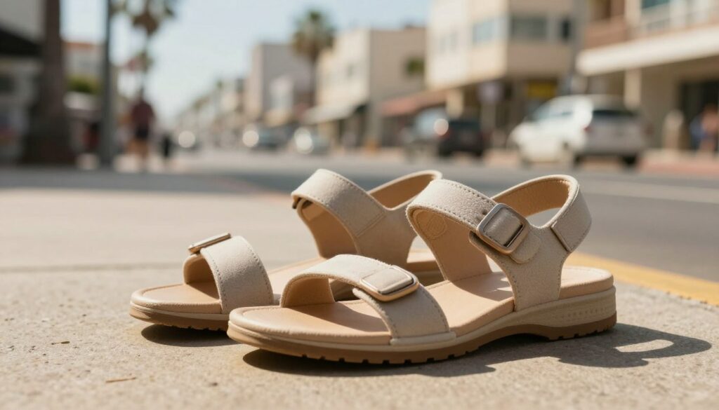 A-pair-of-comfortable-sandals-displayed-prominently-in-the-foreground-showcasing-a-stylish-yet-1024x585 Quelles sandales choisir pour la ville et la plage ?
