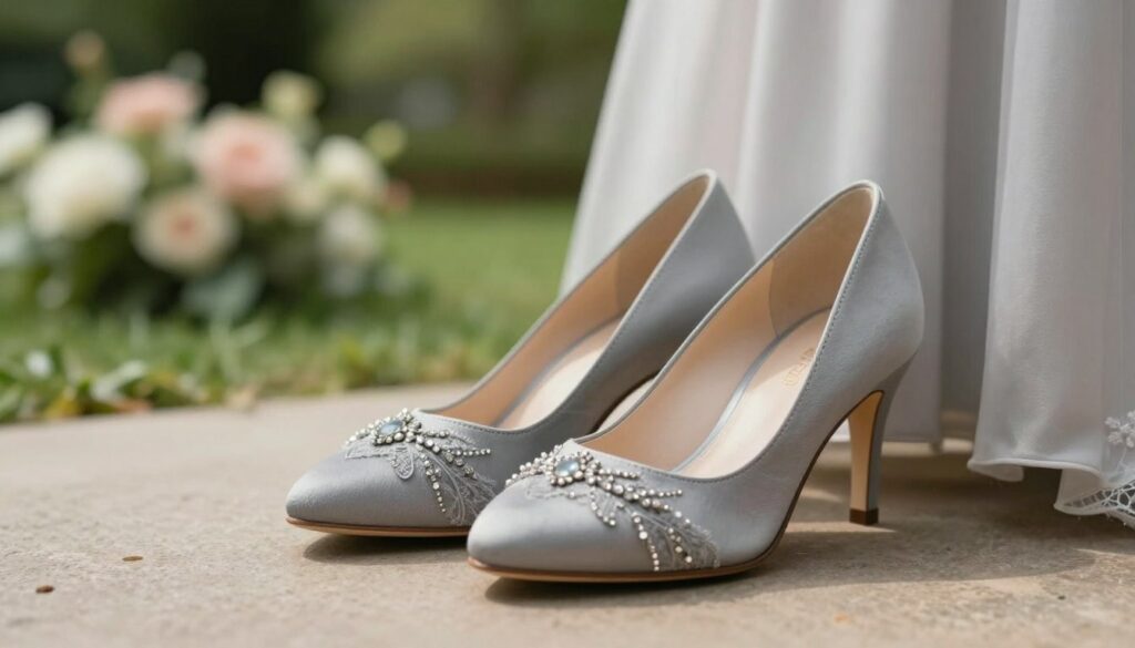 A-pair-of-elegant-comfortable-wedding-shoes-designed-for-a-grey-dress-displayed-prominently-1024x585 Quelles chaussures porter avec une robe grise à un mariage ?