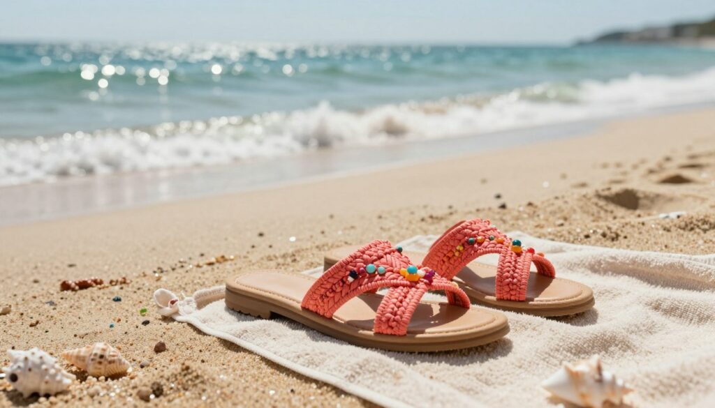 A-pair-of-stylish-womenaposs-summer-sandals-sitting-on-a-sandy-beach-with-soft-ocean-waves-1024x585 Quelles sandales choisir pour la ville et la plage ?