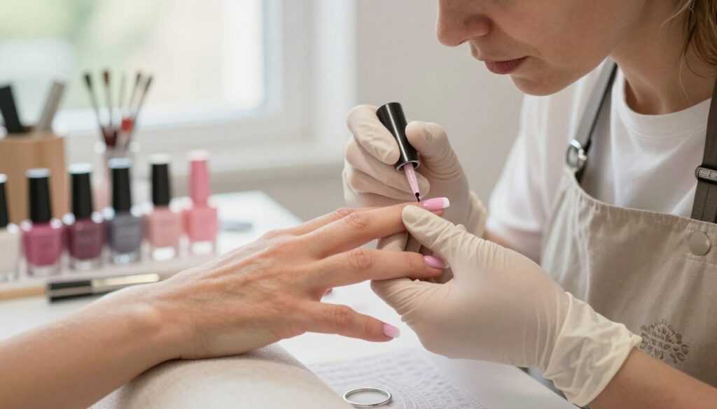 A-professional-nail-technician-in-a-bright-well-lit-salon-applies-a-glossy-base-coat-to-a-1024x585 Comment faire un ongle baby boomer étape par étape
