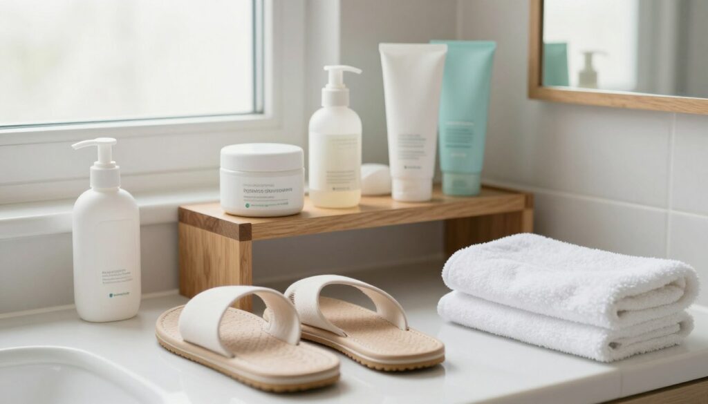 A-serene-bathroom-setting-focused-on-the-importance-of-daily-hygiene.-In-the-foreground-a-pair-1024x585 Nos conseils pour éliminer la mycose entre les orteils