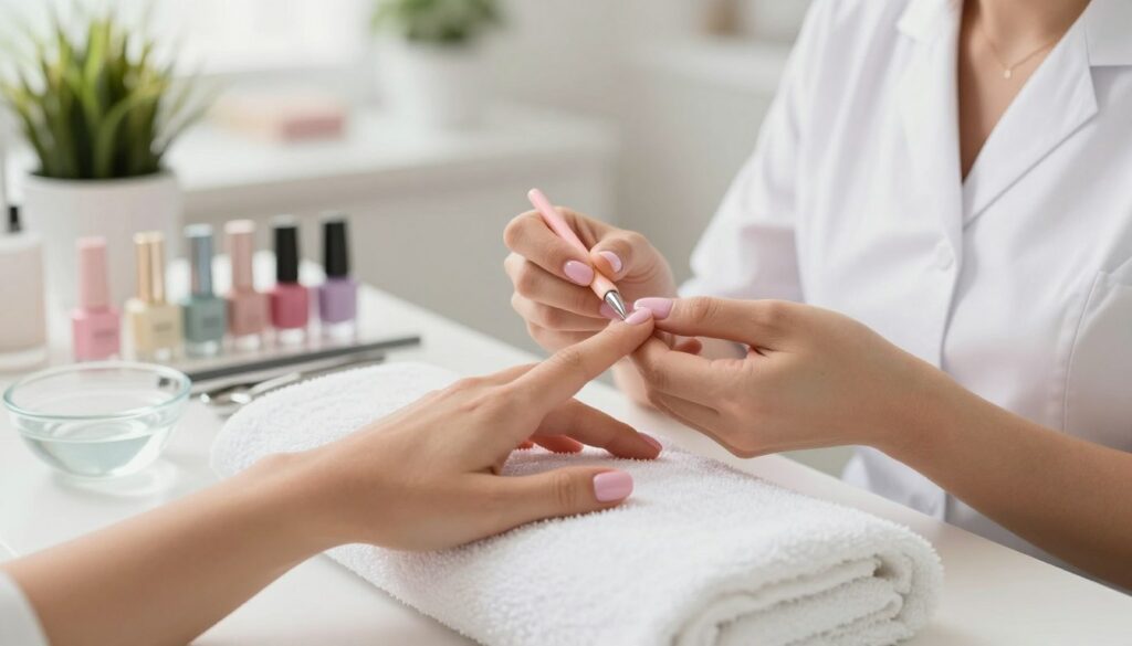 A-serene-nail-care-scene-in-a-bright-well-lit-salon.-In-the-foreground-a-well-groomed-hand-1024x585 Guide complet pour une manucure russe parfaite étape par étape