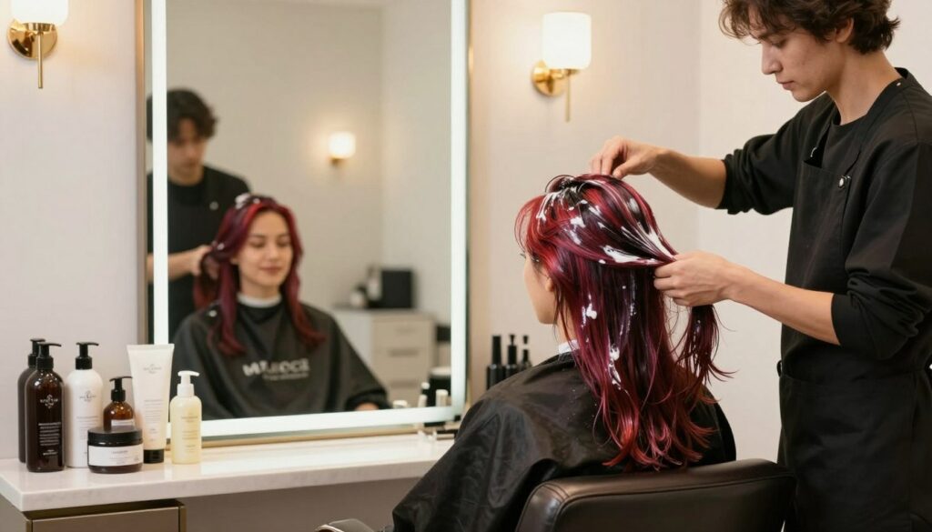A-serene-well-lit-hair-salon-setting-showcasing-a-professional-hairstylist-applying-nourishing-1024x585 Comment réussir votre décoloration cheveux facilement