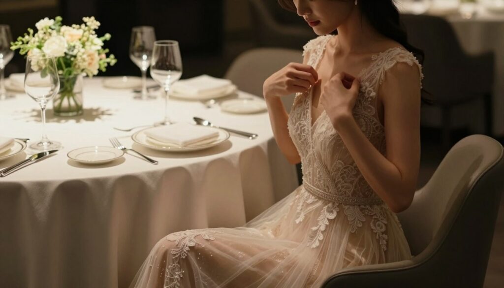 A-sophisticated-dining-setting-with-an-elegant-woman-seated-at-a-beautifully-set-table-dressed-1024x585 Robe porter pour un repas chic : Notre guide et avis expert