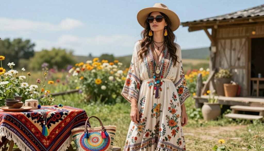 A-styled-bohemian-woman-standing-in-a-sunlit-outdoor-setting-wearing-a-flowing-long-hippie-1024x585 Nos astuces pour adopter la robe longue bohème au quotidien