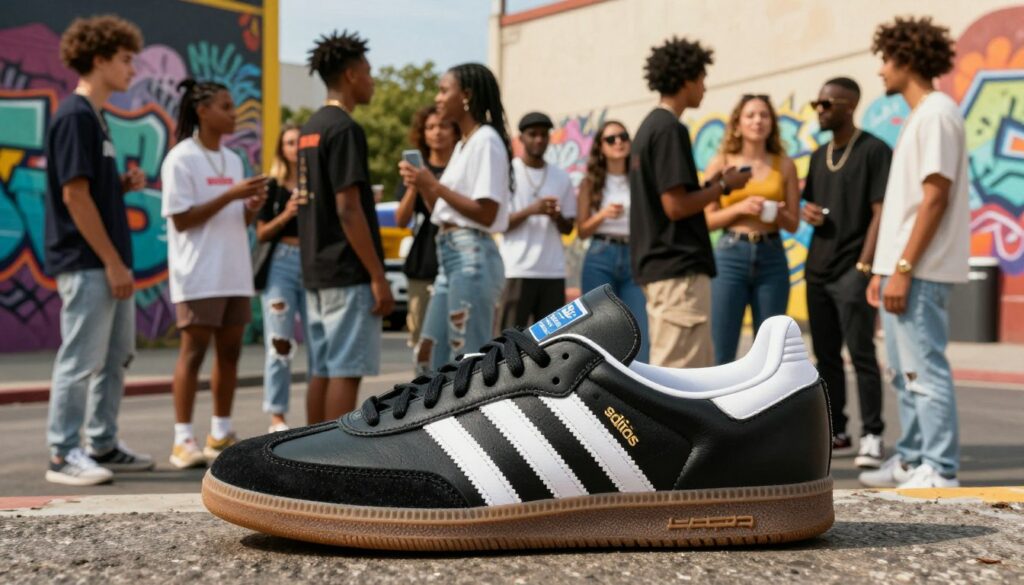 A-stylish-Adidas-Samba-sneaker-sits-prominently-in-the-foreground-showcasing-its-iconic-black--1024x585 Adidas Samba : tendances 2026