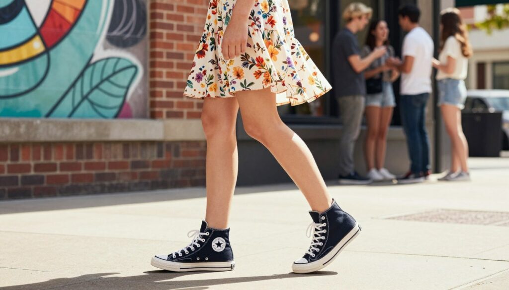 A-stylish-and-trendy-dress-paired-with-classic-Converse-sneakers-captured-in-a-bright-urban-1024x585 Notre avis sur robe porter avec des Converses tendance