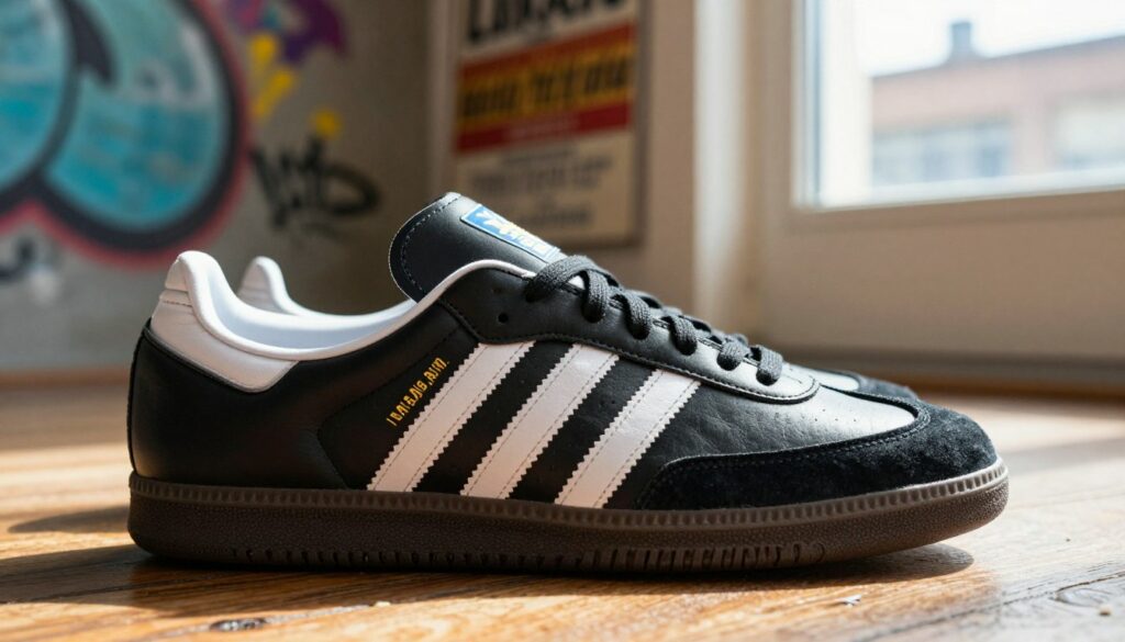 A-stylish-close-up-of-the-iconic-Adidas-Samba-sneaker-showcasing-its-classic-black-leather-1024x585 Adidas Samba : tendances 2026