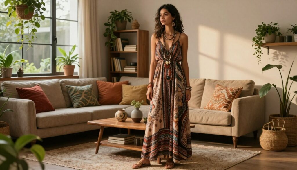 A-stylish-modern-bohemian-outfit-displayed-on-a-young-woman-standing-in-a-cozy-elegantly-1024x585 Comment adopter le style Boho Chic version 2026 sans faire "look de festival dépassé