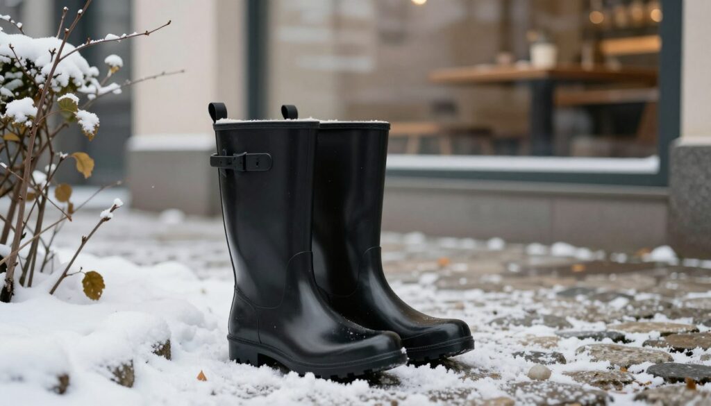 A-stylish-pair-of-glossy-black-rain-boots-set-against-a-softly-lit-outdoor-winter-scene.-In-the-1024x585 Quelles chaussures avec une jupe longue en hiver à choisir