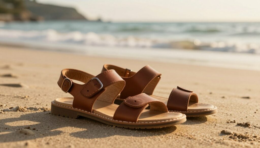A-stylish-pair-of-leather-sandals-prominently-displayed-in-the-foreground-showcasing-their-1024x585 Quelles sandales choisir pour la ville et la plage ?