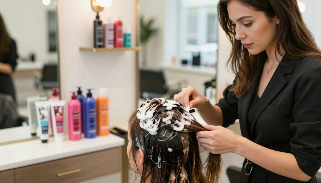 A-stylish-salon-setting-featuring-a-professional-hairstylist-applying-hair-bleach-to-a-1024x585 Comment réussir votre décoloration cheveux facilement