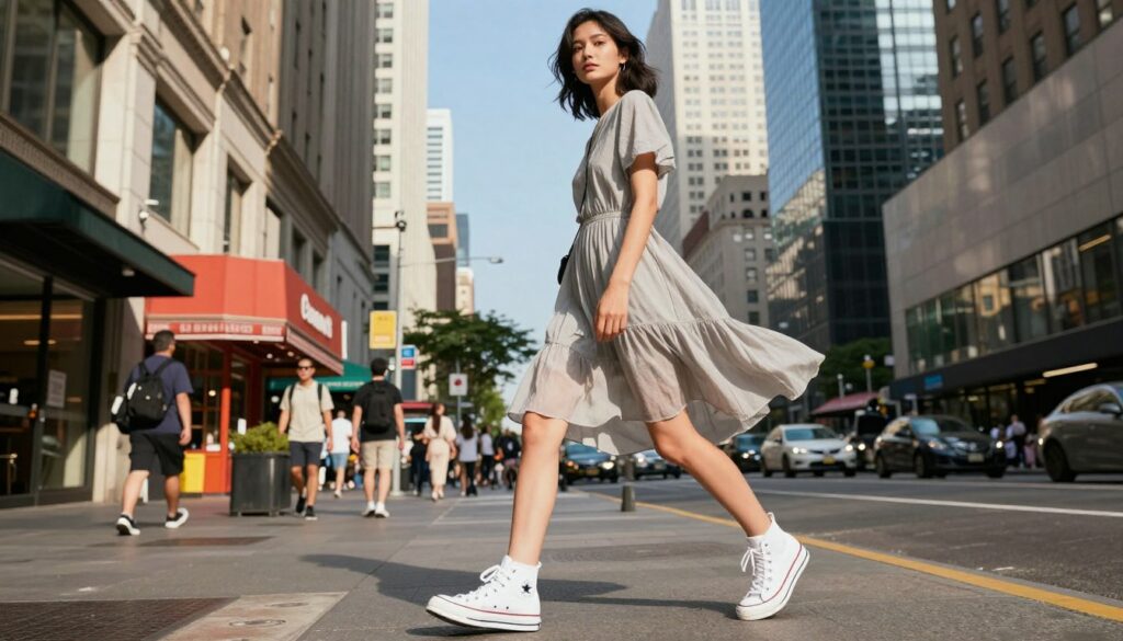 A-stylish-urban-scene-featuring-a-young-woman-standing-confidently-on-a-bustling-city-street-1024x585 Notre avis sur robe porter avec des Converses tendance