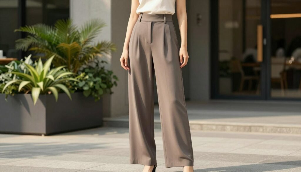 A-stylish-woman-confidently-poses-in-a-trendy-outfit-featuring-lightweight-fluid-cut-pants-1024x585 Oubliez le jean blanc : Voici le pantalon ultra-léger que toutes les filles stylées portent en ce mo