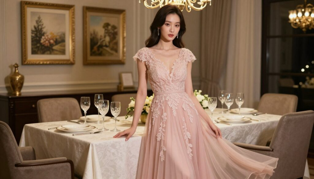 A-stylish-woman-elegantly-dressed-in-a-chic-evening-gown-standing-at-a-beautifully-set-dining--1024x585 Robe porter pour un repas chic : Notre guide et avis expert