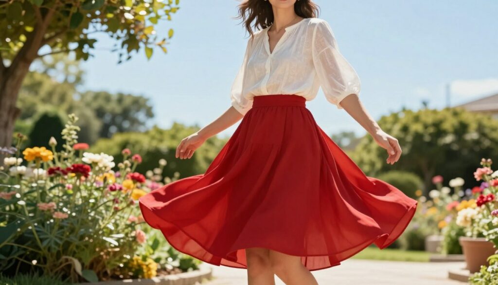 A-stylish-woman-in-a-vibrant-red-summer-skirt-elegantly-twirling-in-a-sunny-outdoor-setting-1024x585 Porter la jupe rouge en été : découvrez nos astuces