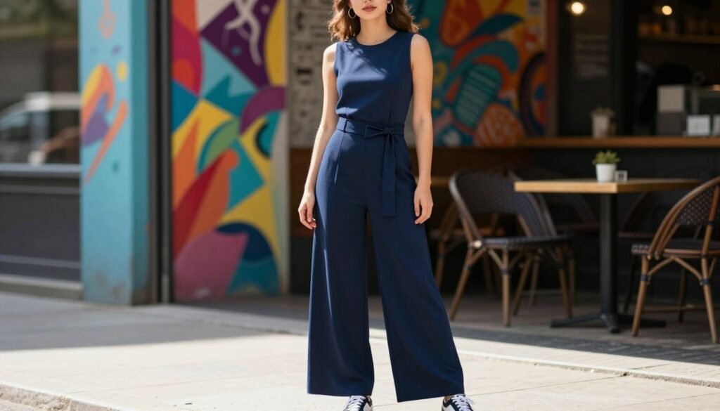 A-stylish-young-woman-confidently-poses-in-a-chic-navy-blue-jumpsuit-against-a-vibrant-urban-1024x585 Test et avis sur la combinaison bleu marine pour votre look