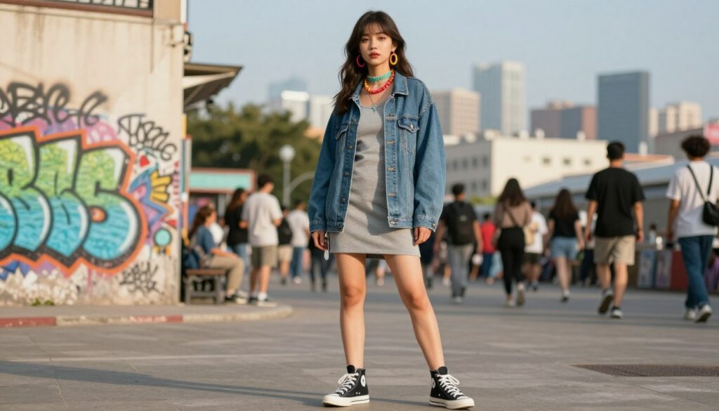 A-stylish-young-woman-stands-confidently-in-the-foreground-showcasing-a-modern-streetwear-1024x585 Notre avis sur robe porter avec des Converses tendance