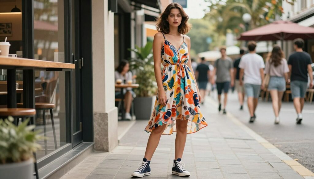 A-stylish-young-woman-wearing-a-flowing-casual-summer-dress-paired-with-trendy-high-top-1024x585 Notre avis sur robe porter avec des Converses tendance