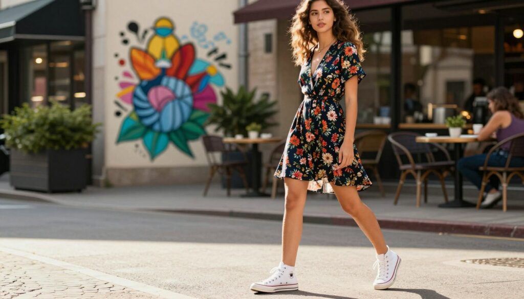 A-stylish-young-woman-wearing-a-trendy-floral-dress-paired-with-classic-white-Converse-sneakers-1024x585 Notre avis sur robe porter avec des Converses tendance