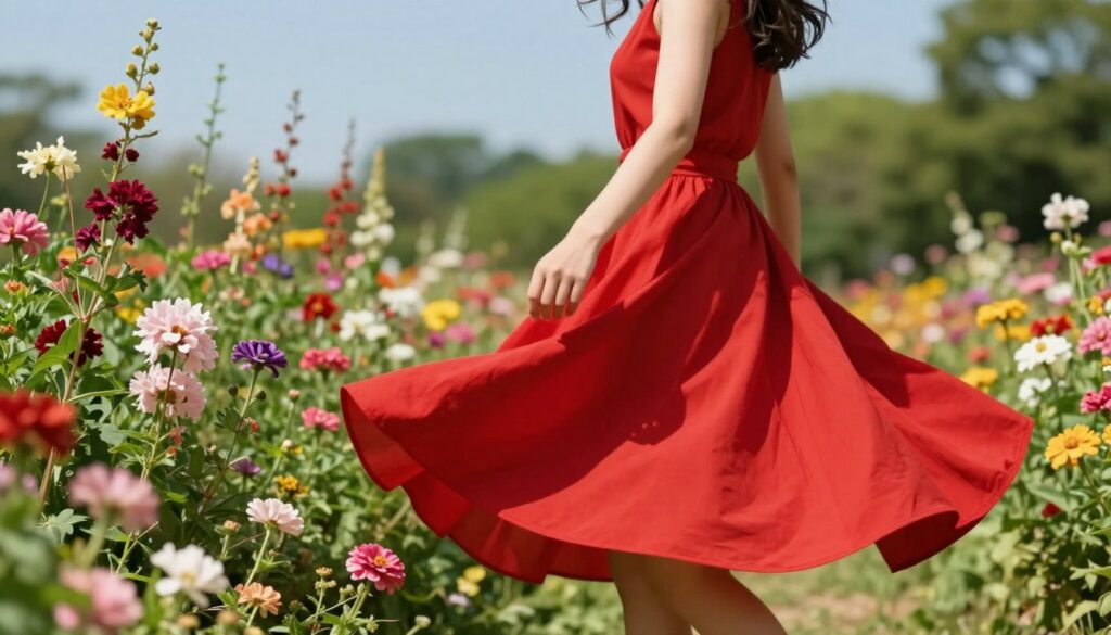 A-sunny-summer-day-scene-featuring-a-woman-in-a-vibrant-red-skirt-gracefully-twirling-in-a-1024x585 Porter la jupe rouge en été : découvrez nos astuces