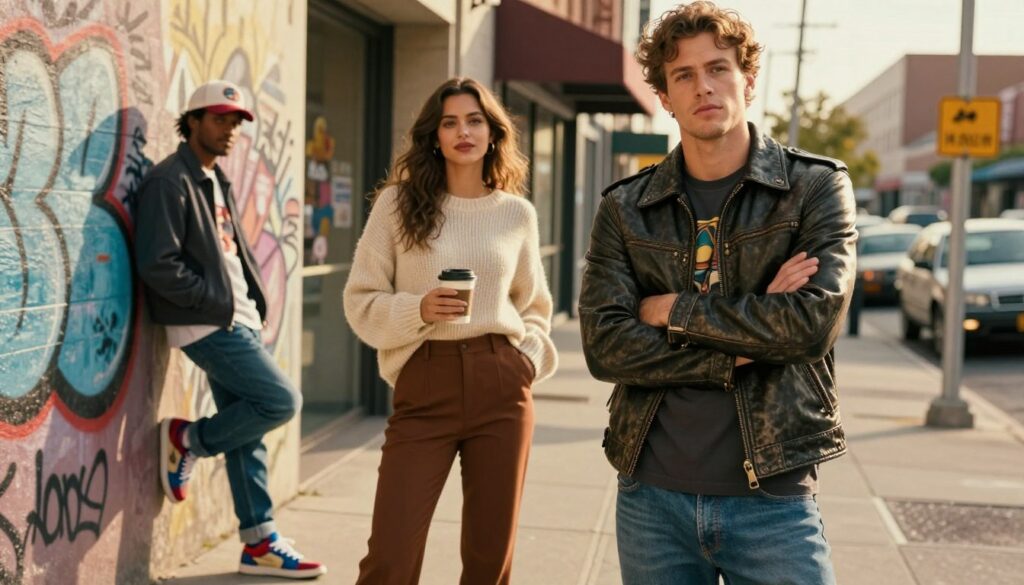 A-vibrant-dynamic-scene-capturing-casual-outfits-inspired-by-film-heroes-featuring-three-1024x585 4 vêtements de cinéma à porter dans la vraie vie