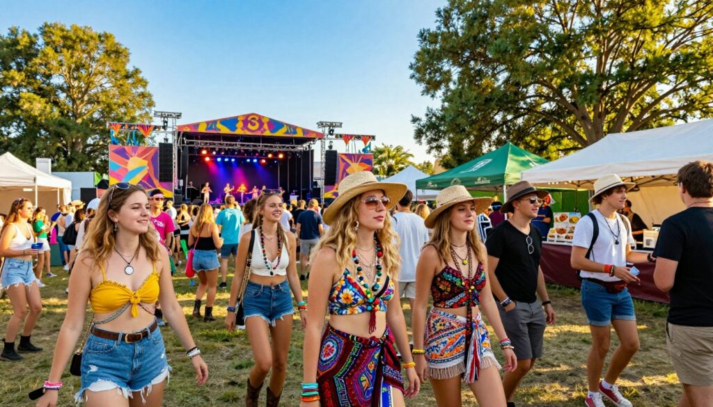 A-vibrant-summer-festival-scene-set-under-a-clear-blue-sky.-In-the-foreground-a-diverse-group--1024x585 Festival en juin : comment s'habiller ?