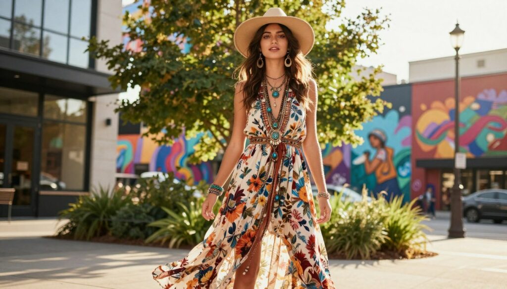 A-vibrant-urban-scene-capturing-a-young-woman-embodying-the-hippie-chic-summer-style-in-a-1024x585 Comment adopter le style Boho Chic version 2026 sans faire "look de festival dépassé