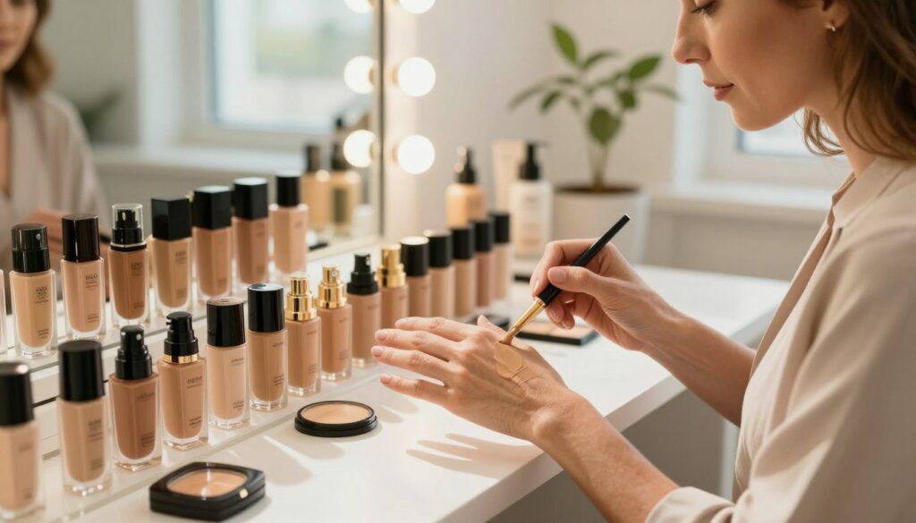A-well-lit-beauty-counter-showcasing-a-diverse-range-of-foundation-shades-suitable-for-mature-1024x585 Trouvons ensemble le fond de teint peau mature idéal