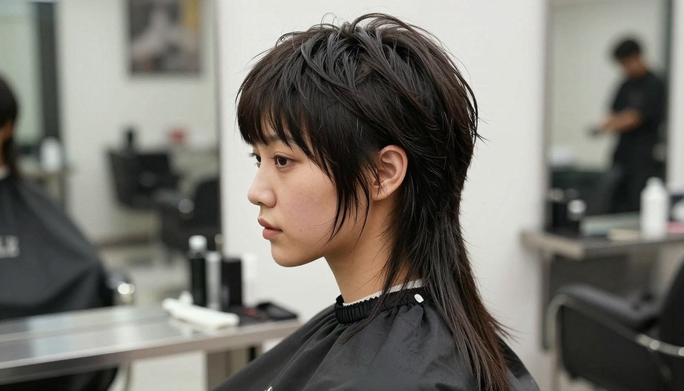 coupe mulet moderne femme avec dégradé effilé et nuque longue style rétro futuriste
